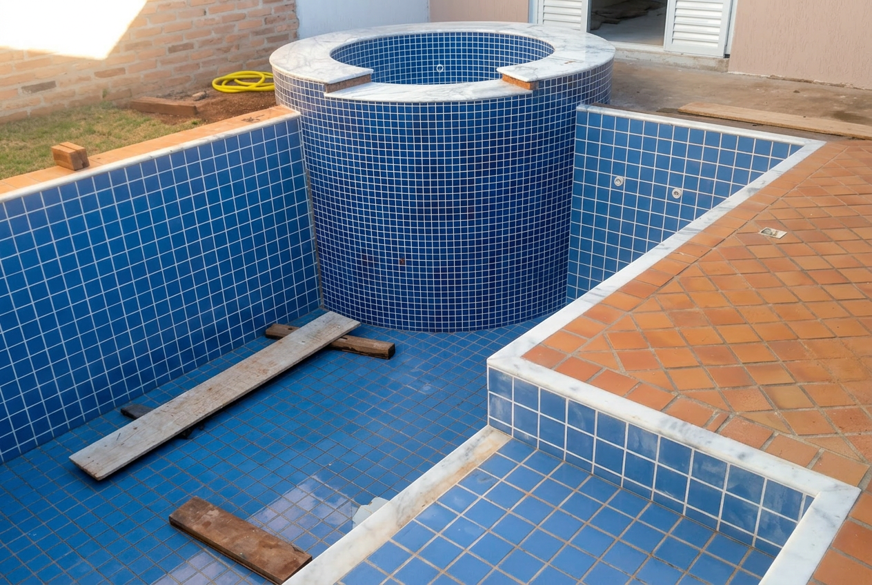 Acabamento de piscina e ofurô em mármore